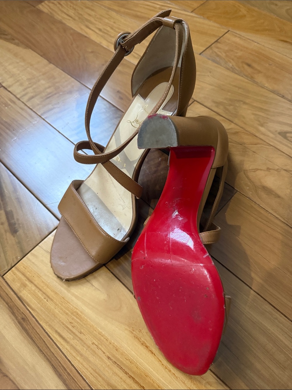 Christian Louboutin Tan Ankle-Strap Heels with Signature Red Sole